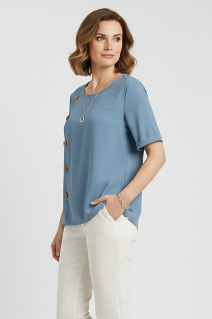 Lila | Elegant Round Neck Blouse with Side Buttons