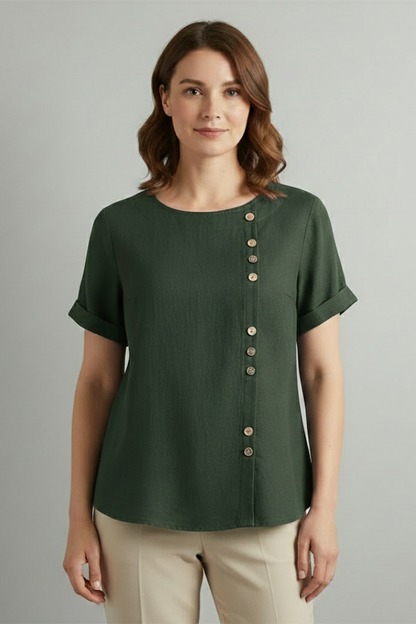 Lila | Elegant Round Neck Blouse with Button Detail