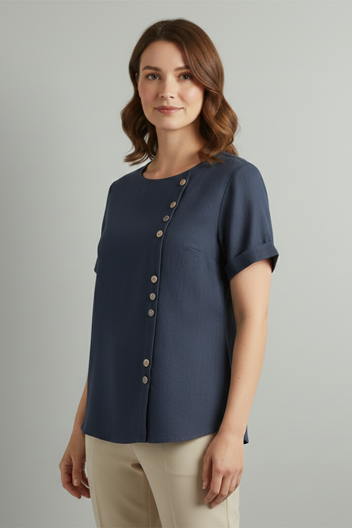 Lila | Elegant Round Neck Blouse with Button Detail