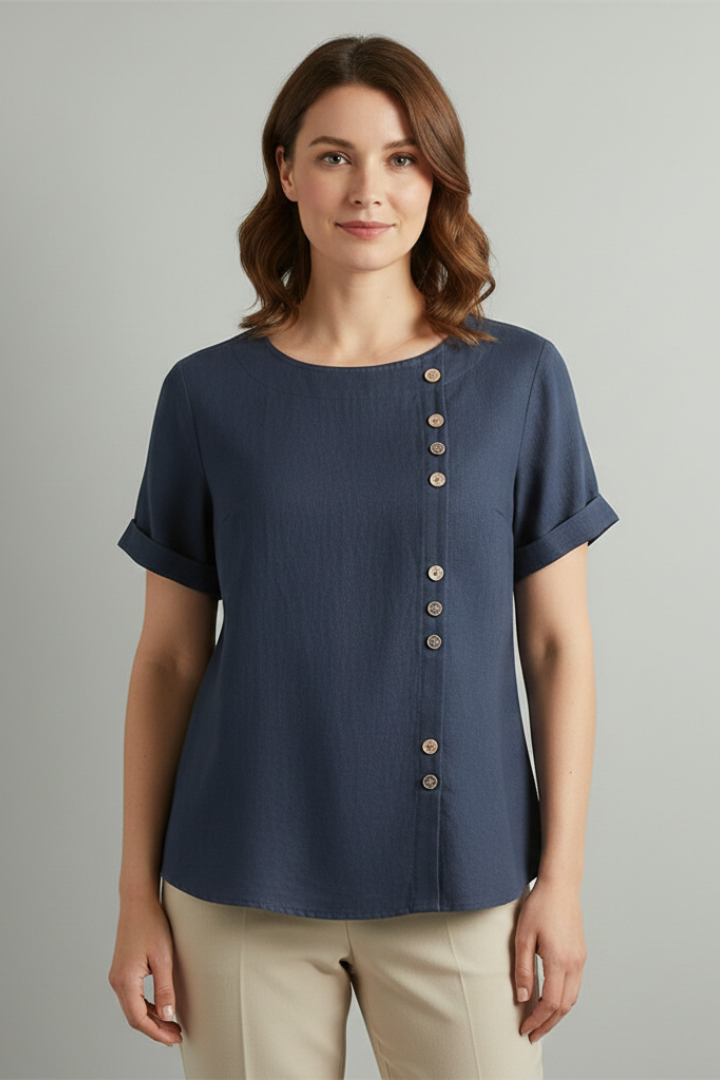 Lila | Elegant Round Neck Blouse with Button Detail