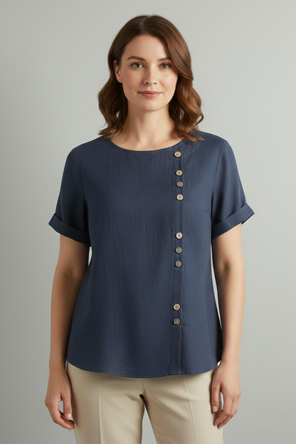 Lila | Elegant Round Neck Blouse with Button Detail