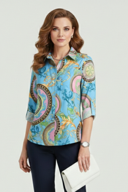 Elena | Chic Blouse with Turn-Down Collar and Roll-Up Sleeves