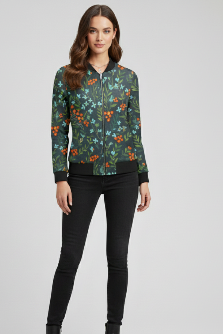 Lila | Floral Print Bomber Jacket with Zip Closure