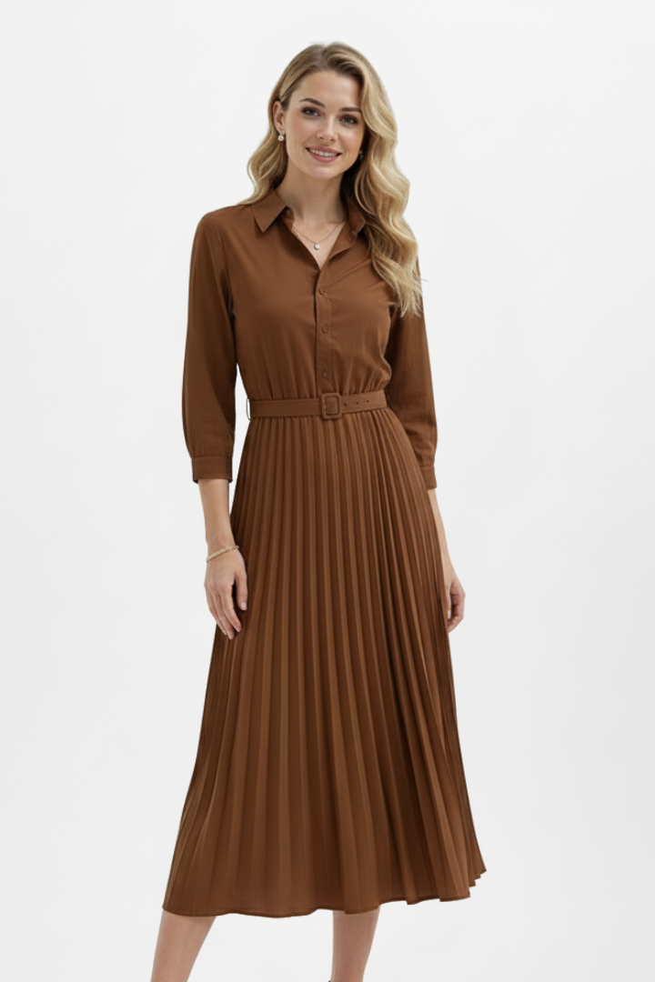 Elena | Button-Up Midi Dress with Belted Waist and Pleated Skirt