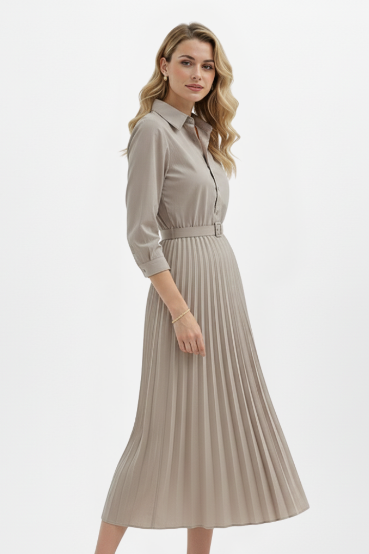 Elena | Button-Up Midi Dress with Belted Waist and Pleated Skirt
