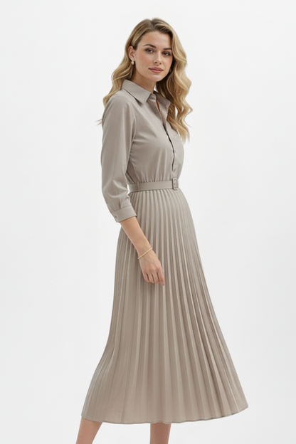 Elena | Button-Up Midi Dress with Belted Waist and Pleated Skirt