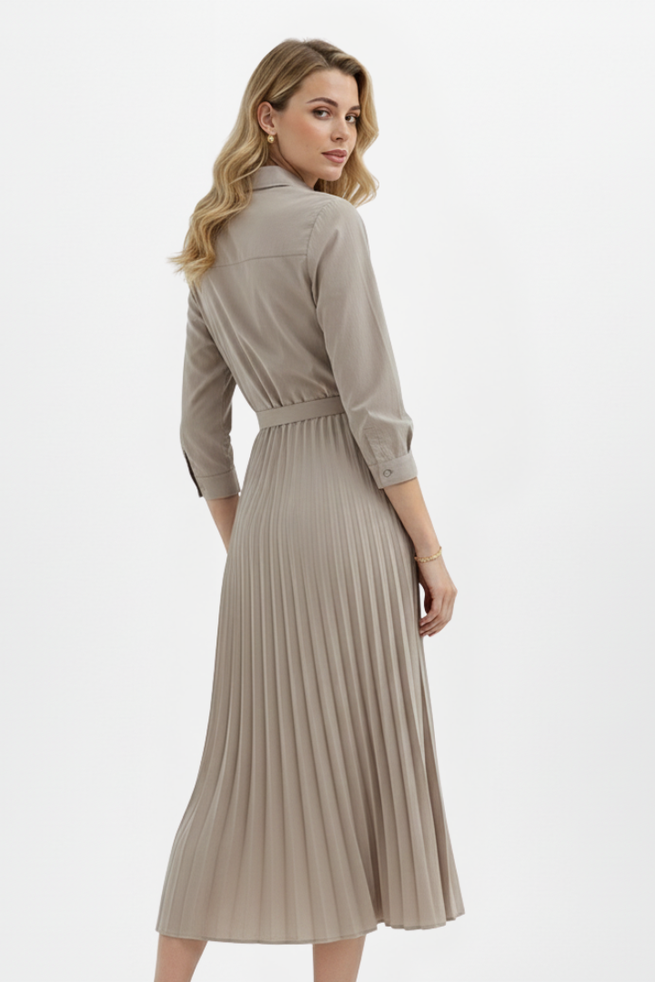 Elena | Button-Up Midi Dress with Belted Waist and Pleated Skirt
