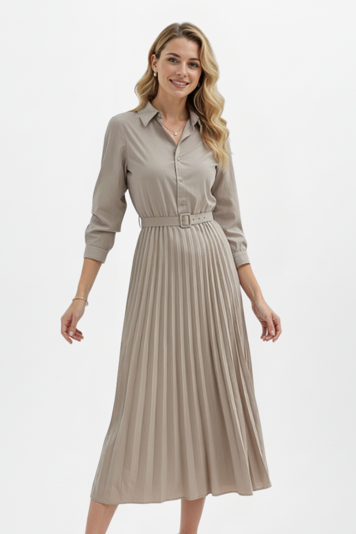 Elena | Button-Up Midi Dress with Belted Waist and Pleated Skirt