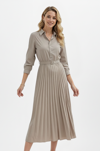 Elena | Button-Up Midi Dress with Belted Waist and Pleated Skirt