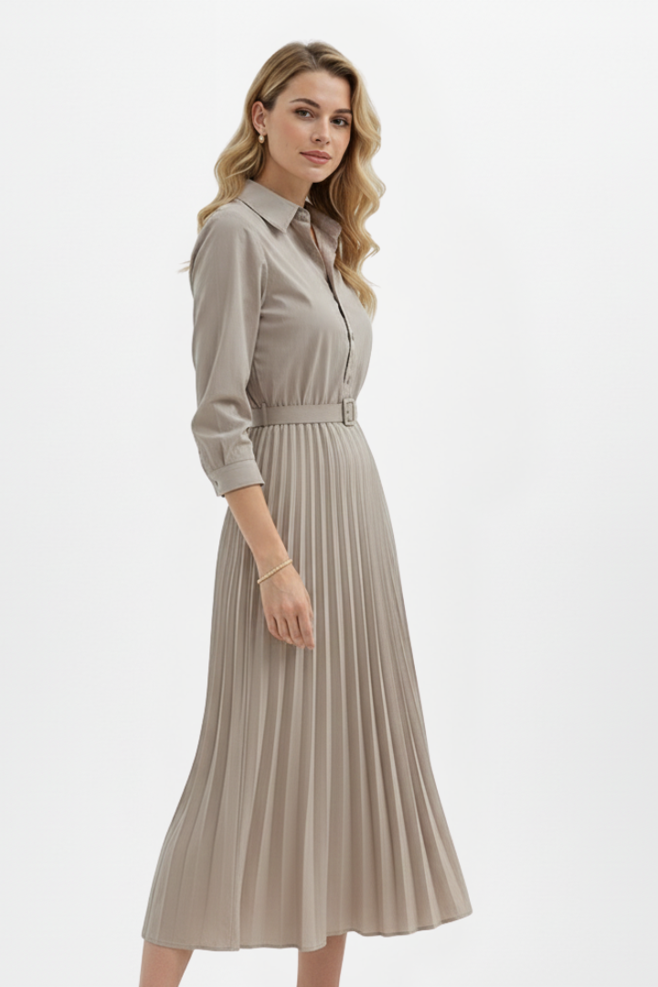 Elena | Button-Up Midi Dress with Belted Waist and Pleated Skirt