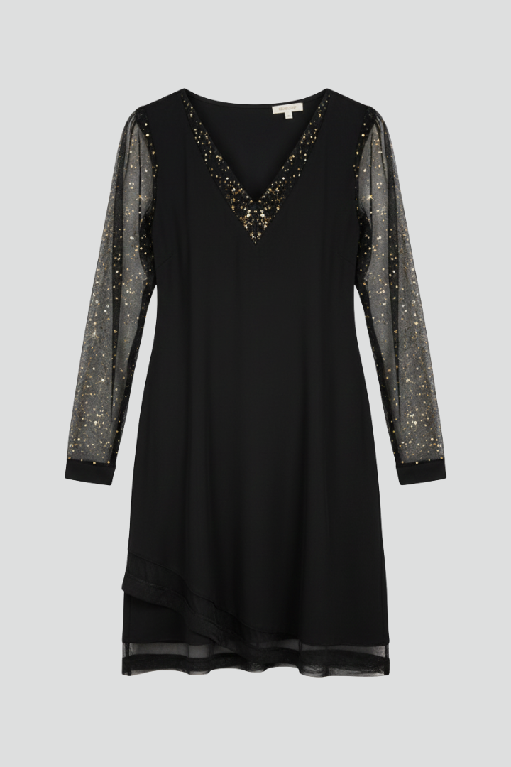 Elena | Sequined Sleeve Cocktail Dress with Plunging Neckline