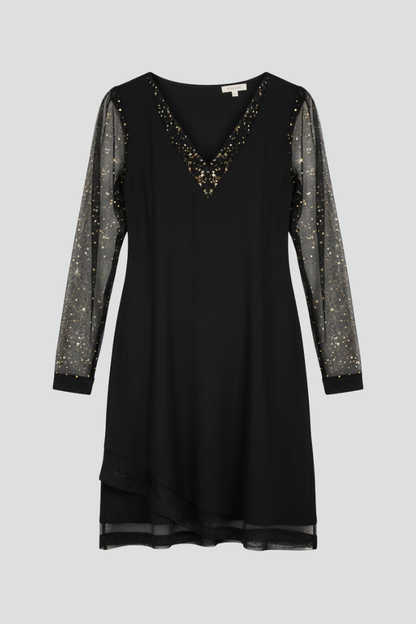 Elena | Sequined Sleeve Cocktail Dress with Plunging Neckline
