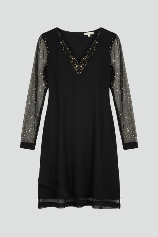 Elena | Sequined Sleeve Cocktail Dress with Plunging Neckline