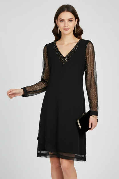 Elena | Sequined Sleeve Cocktail Dress with Plunging Neckline