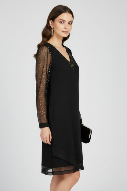 Elena | Sequined Sleeve Cocktail Dress with Plunging Neckline