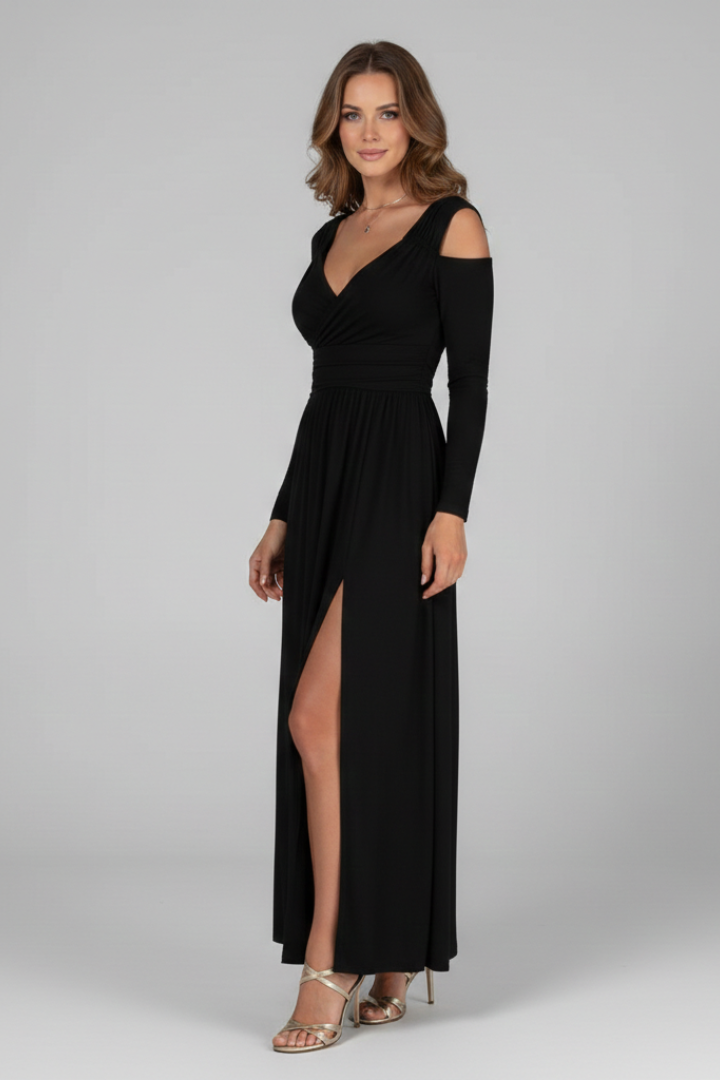 Lila | Lace Appliqué Tiered Dress with V Neckline and Side Slit