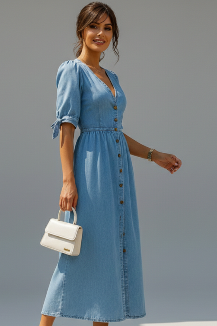 Elena | V-Neckline Dress with Button Placket