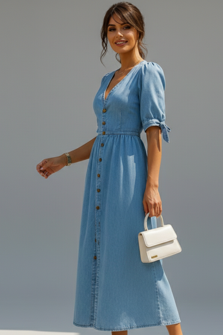 Elena | V-Neckline Dress with Button Placket