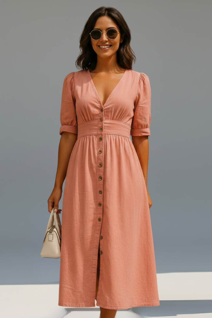 Elena | V-Neckline Dress with Button Placket