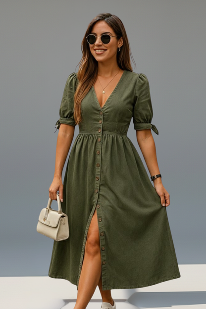 Elena | V-Neckline Dress with Button Placket