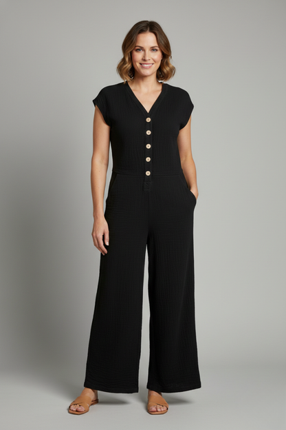 Lena | Chic Button Placket Jumpsuit with Wide Legs