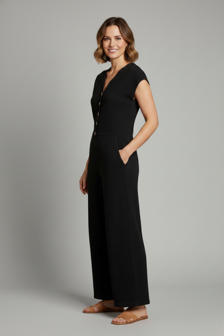 Lena | Chic Button Placket Jumpsuit with Wide Legs