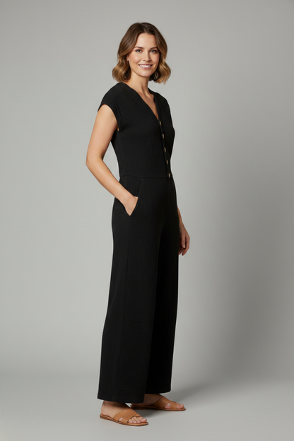 Lena | Chic Button Placket Jumpsuit with Wide Legs