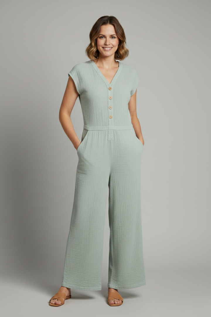 Lena | Chic Button Placket Jumpsuit with Wide Legs