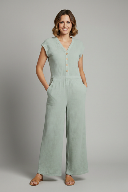 Lena | Chic Button Placket Jumpsuit with Wide Legs