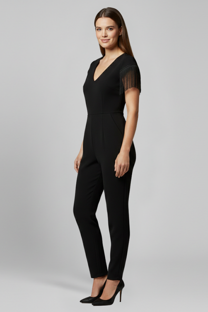 Lena | V Neck Fringe Shoulder Jumpsuit