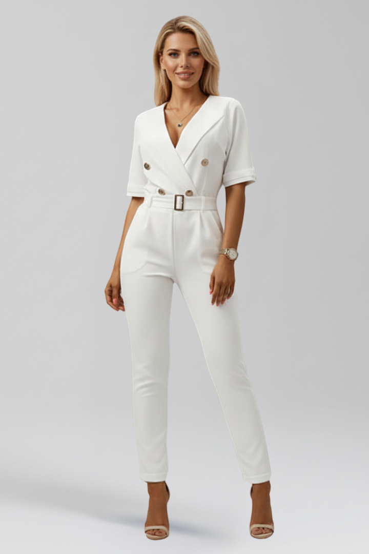 Elena | V Neck Jumpsuit with Tied Waist Belt