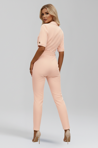 Elena | V Neck Jumpsuit with Tied Waist Belt
