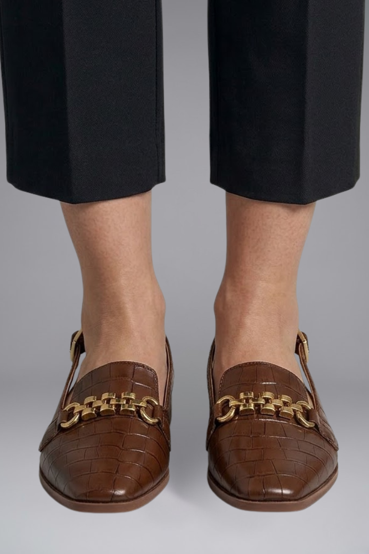 Lena | Leather Slingback Flats with Metal Vamp Detail