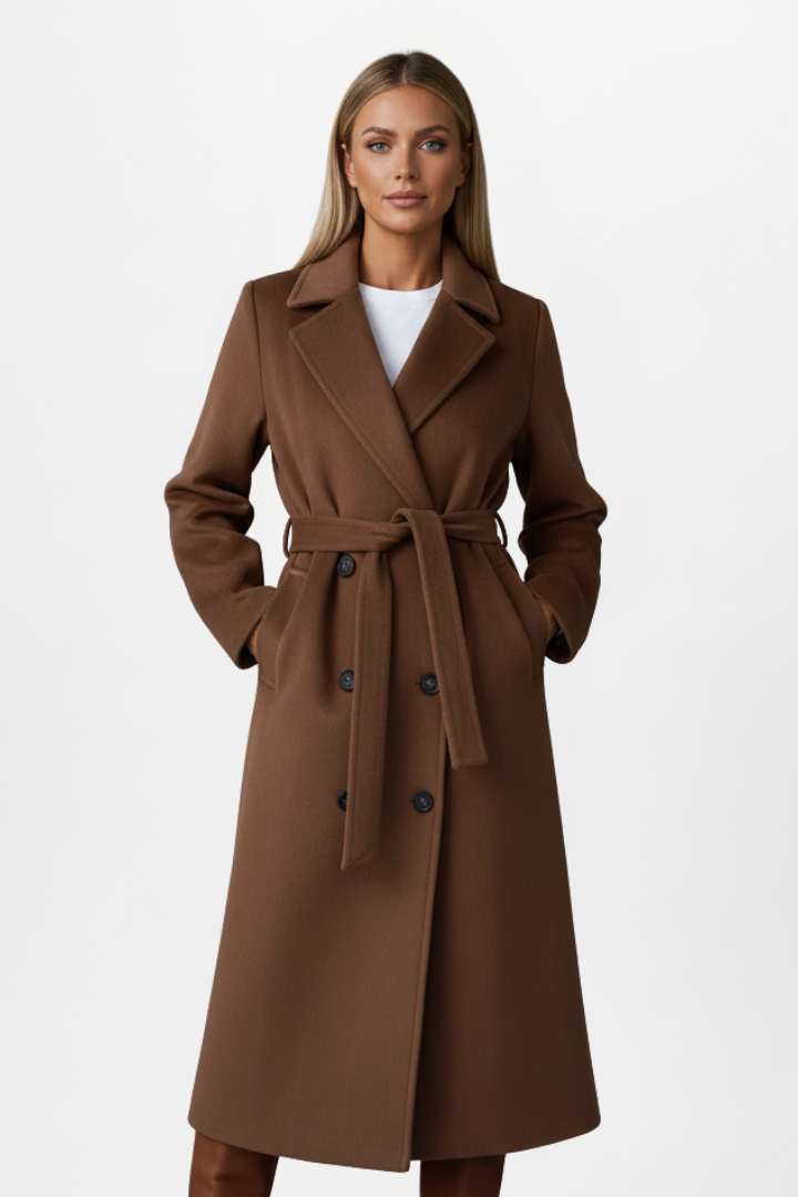 Isla | Elegant Double-Breasted Long Coat with Belt