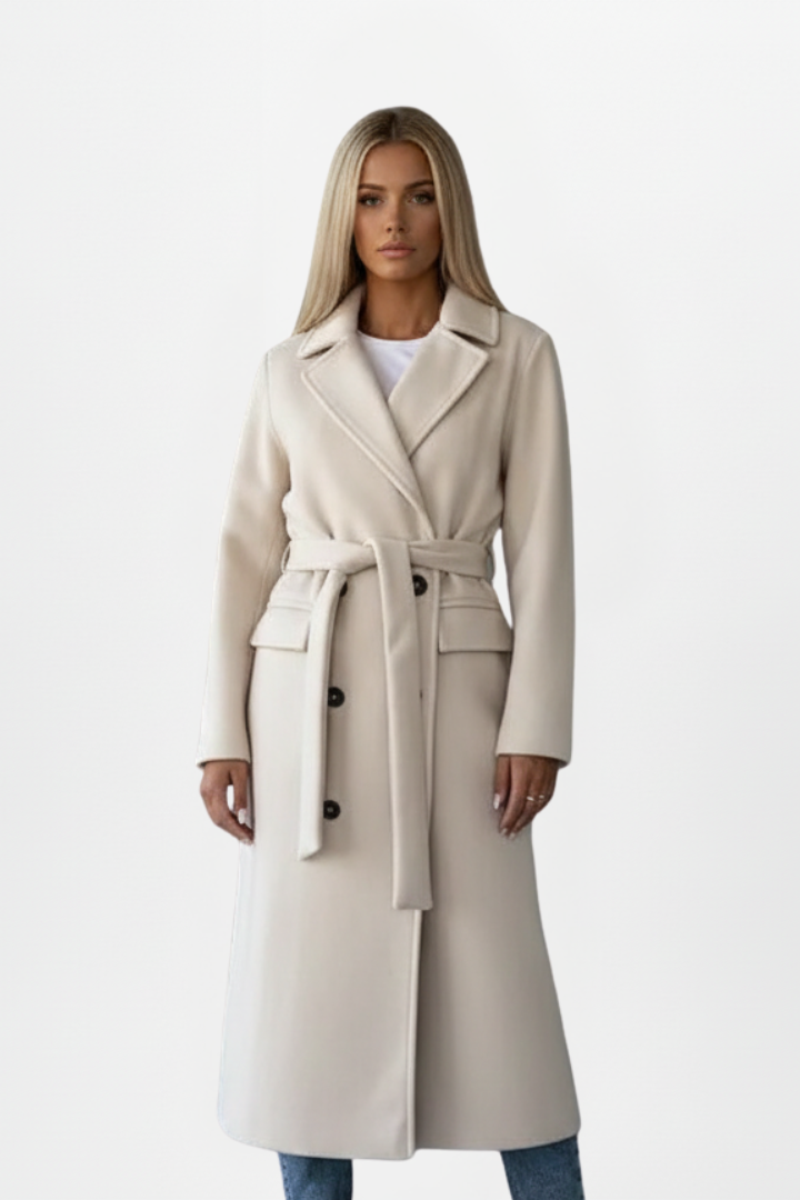 Isla | Elegant Double-Breasted Long Coat with Belt