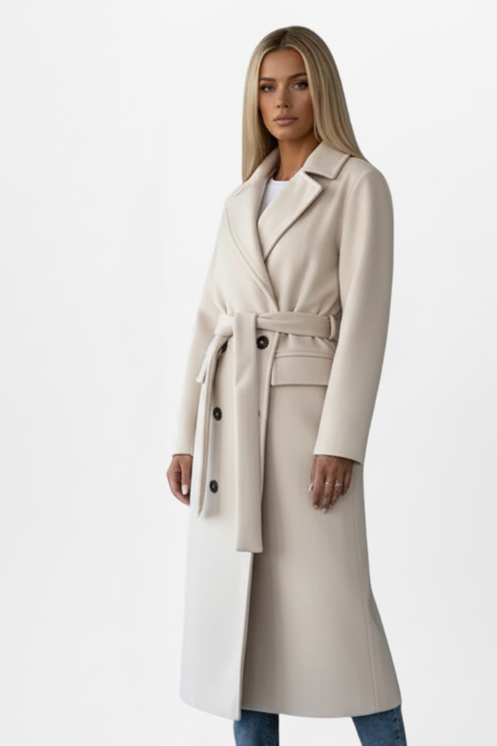 Isla | Elegant Double-Breasted Long Coat with Belt