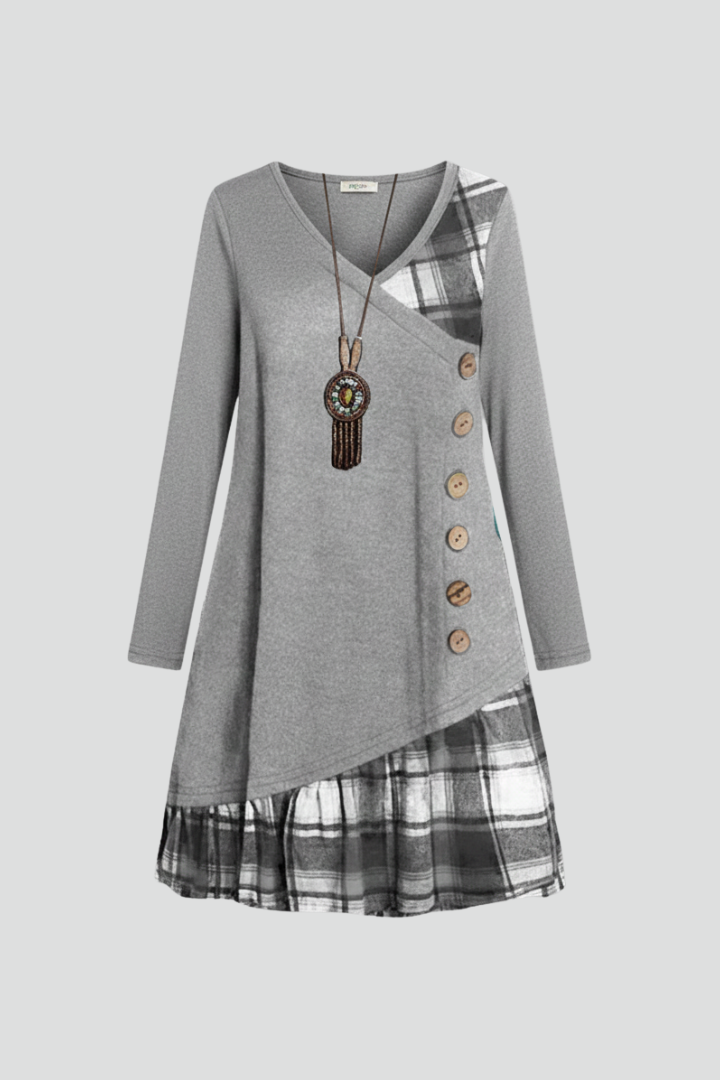 Lila | Elegant Long Sleeve V-Neck Dress with Button Detail