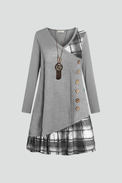 Lila | Elegant Long Sleeve V-Neck Dress with Button Detail