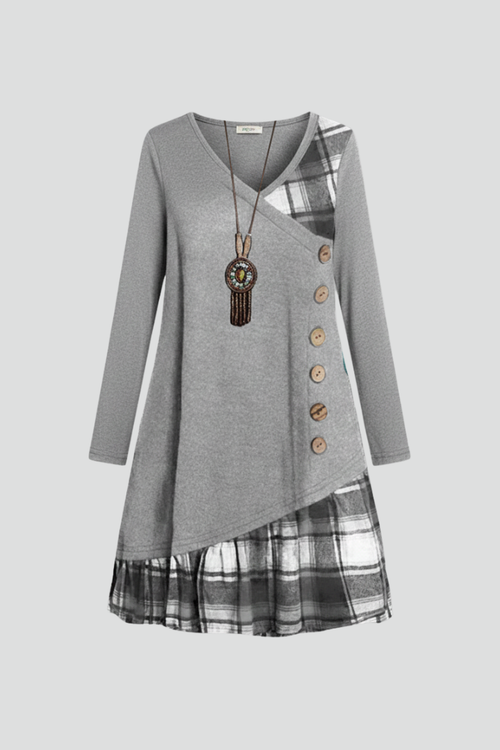 Lila | Elegant Long Sleeve V-Neck Dress with Button Detail
