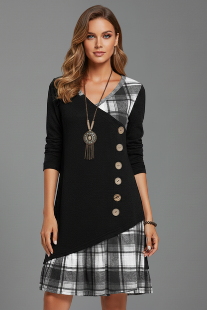 Lila | Elegant Long Sleeve V-Neck Dress with Button Detail