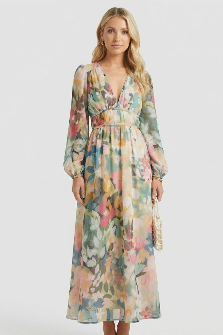 Lila | Floral Print V Neck Maxi Dress