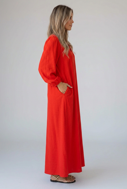 Vivienne | V-Neck Maxi Dress with Gathered Sleeves and Pockets