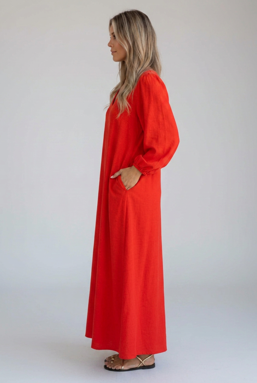Vivienne | V-Neck Maxi Dress with Gathered Sleeves and Pockets