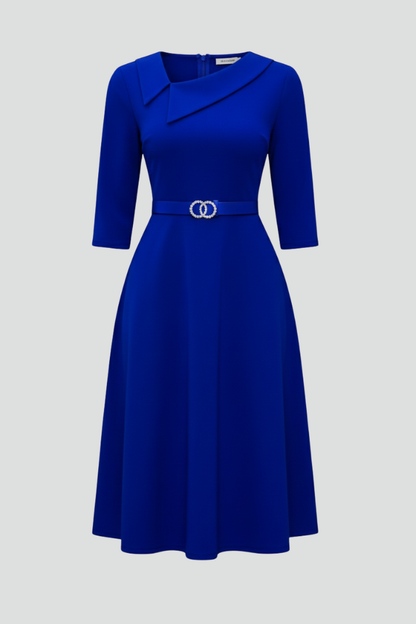 Lila | Asymmetrical Neckline Midi Dress with Belt