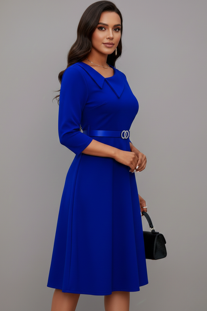 Lila | Asymmetrical Neckline Midi Dress with Belt
