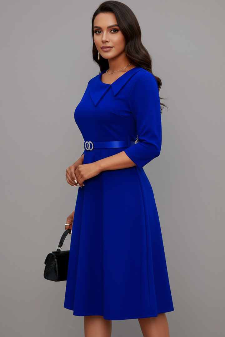Lila | Asymmetrical Neckline Midi Dress with Belt