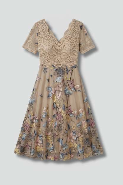 Elena | Lace Detail V Neck Midi Dress