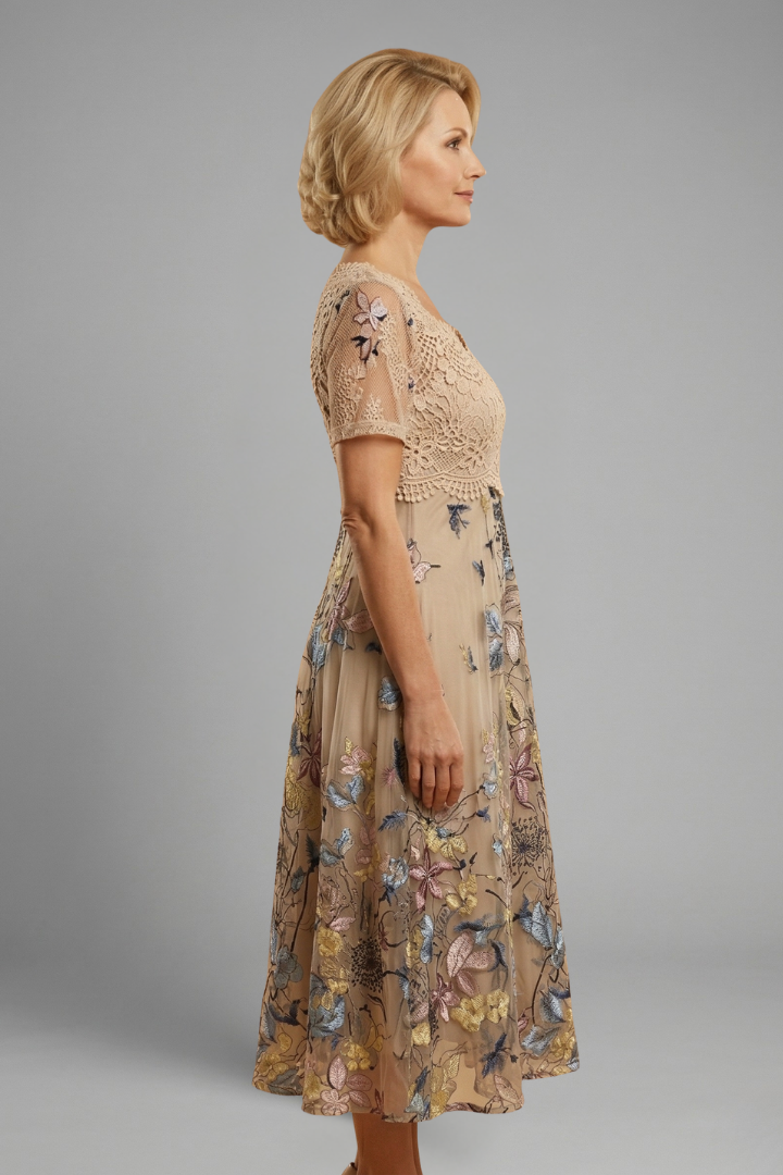 Elena | Lace Detail V Neck Midi Dress