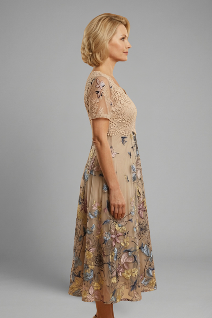 Elena | Lace Detail V Neck Midi Dress