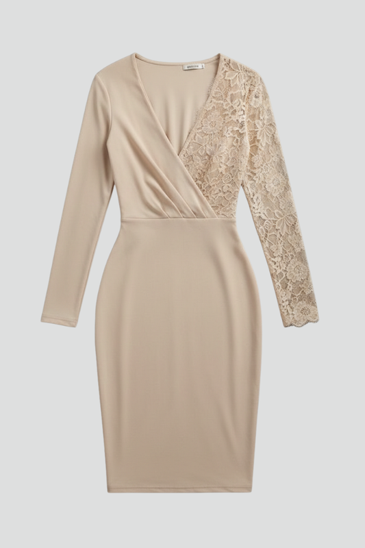 Elena | Elegant Midi Dress with Lace Sleeves and V Neckline